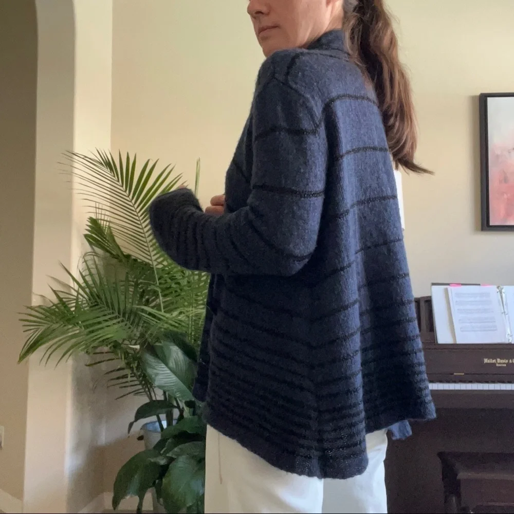 Free People Black and Blue Striped Sparkle Wool Blend Cardigan, size S